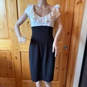 Vintage Y2K Cache Black White Colorblock Dress Size 8 Ruffle Collar Bodycon